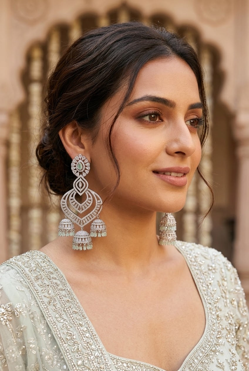 Mint Crystal Chandelier Jhumka Earrings