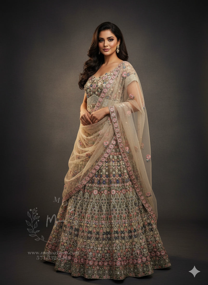 Gold/Olive Base With Pastel Accents Long Gown