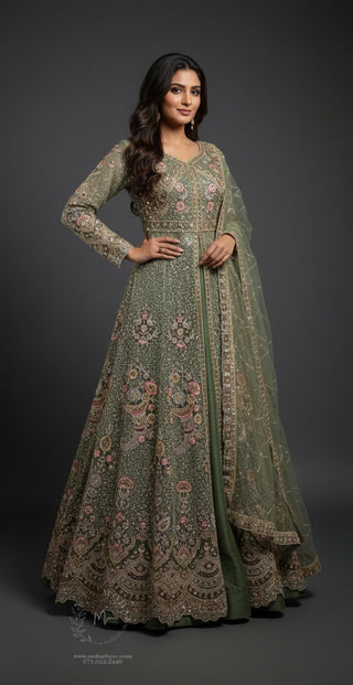 Olive Green Anarkali Gown-Style