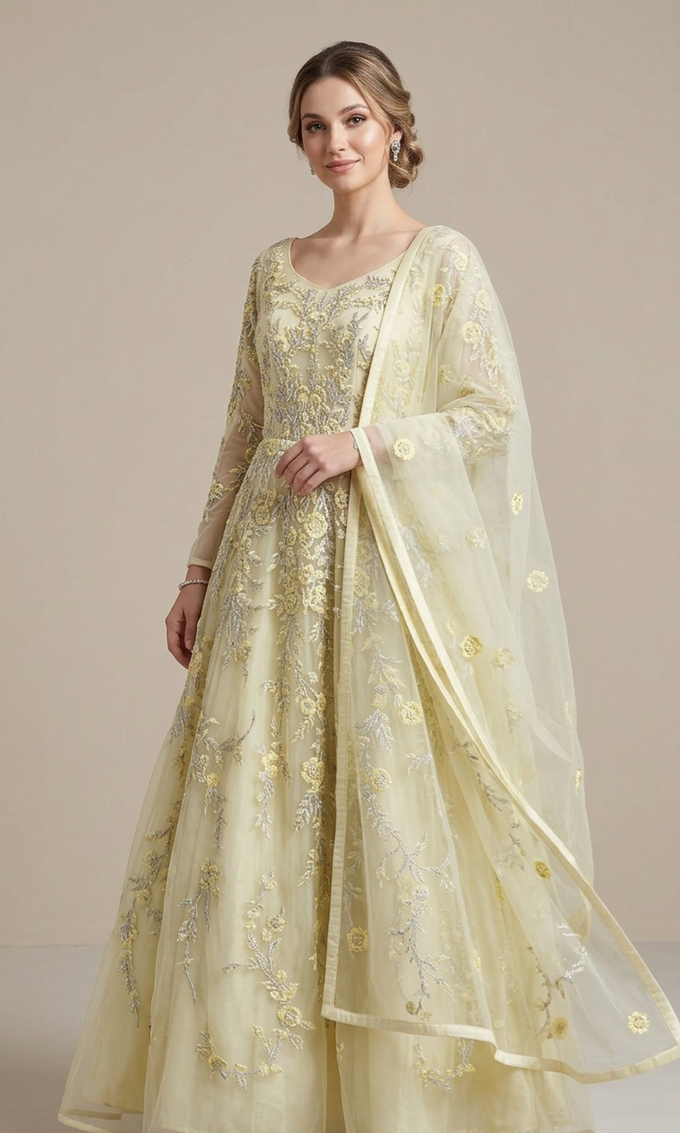 Ivory Embroidered Anarkali Set