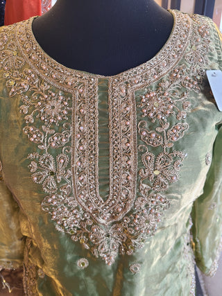 Olive Green Embroidered Sharara Suit Set