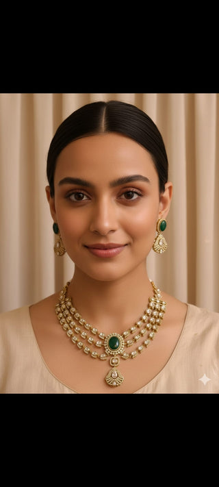 Luxury Bridal Polki Necklace Set with Emerald Stones