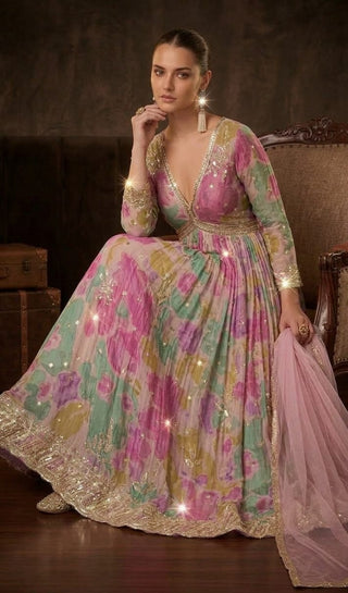 Multicolor Floral Print Anarkali Gown with Embroidered Hem & Dupatta