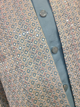 Silver & Teal Embroidered Sherwani Set