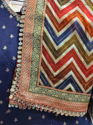 Navy Blue Embroidered Lehenga Choli with Chevron Dupatta