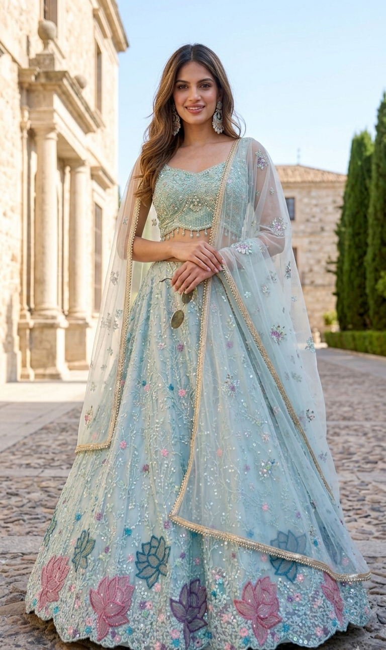 Powder Blue Lotus Lehenga Set