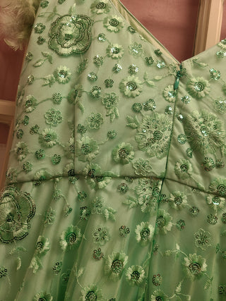 Mint Green Embroidered Ball Gown with Floral Embellishments & Feather Details