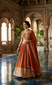 Orange Benarasi Silk Lehenga