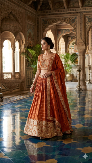 Orange Benarasi Silk Lehenga
