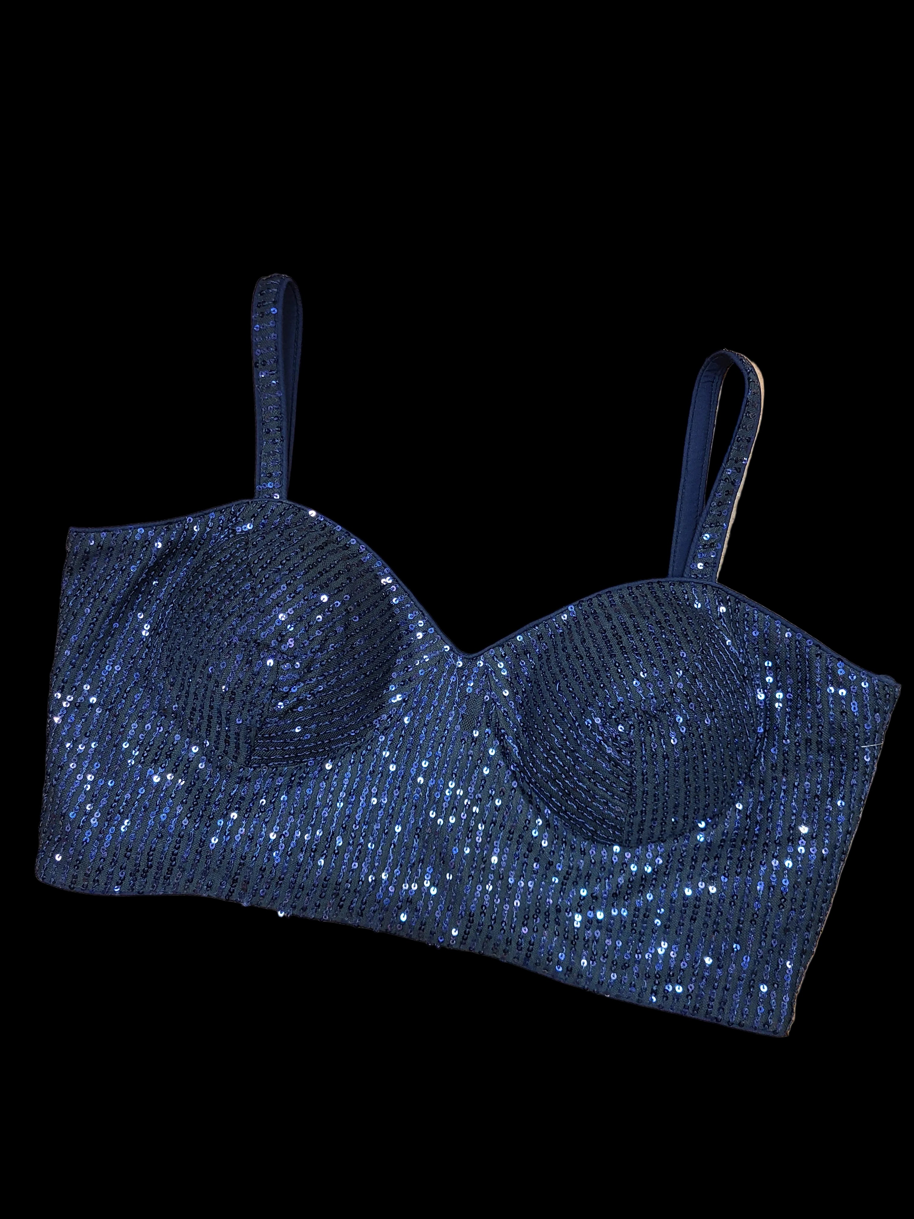 Midnight Navy Sequined Pre-Stitched Saree with Sweetheart Neckline