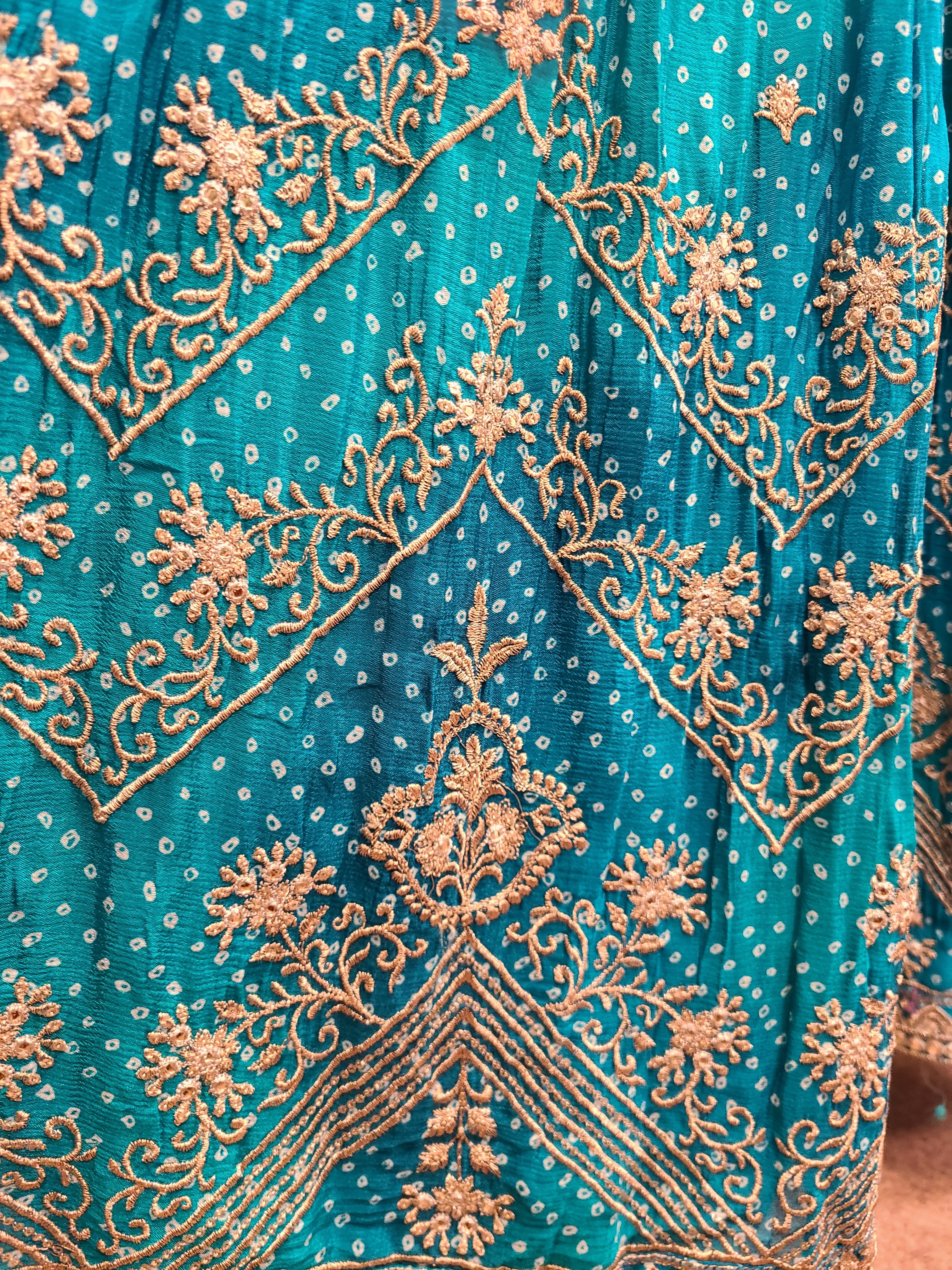 Turquoise Bandhani Embroidered Anarkali Gown