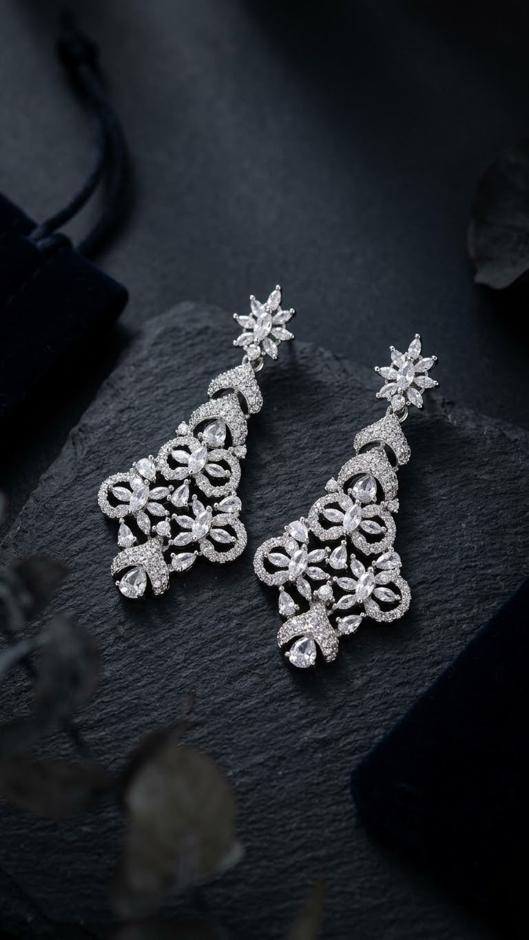 Silver-Tone Floral Statement Drop Earrings