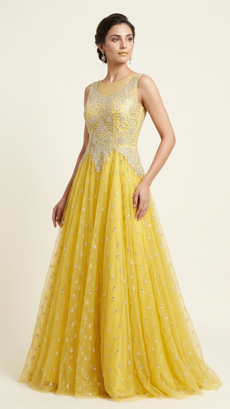 Yellow Mirrorwork Sleeveless Gown