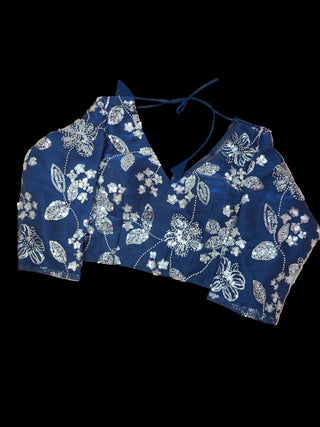 Navy Blue Embroidered Net Pre- Stitched Saree with Cut Out Blouse