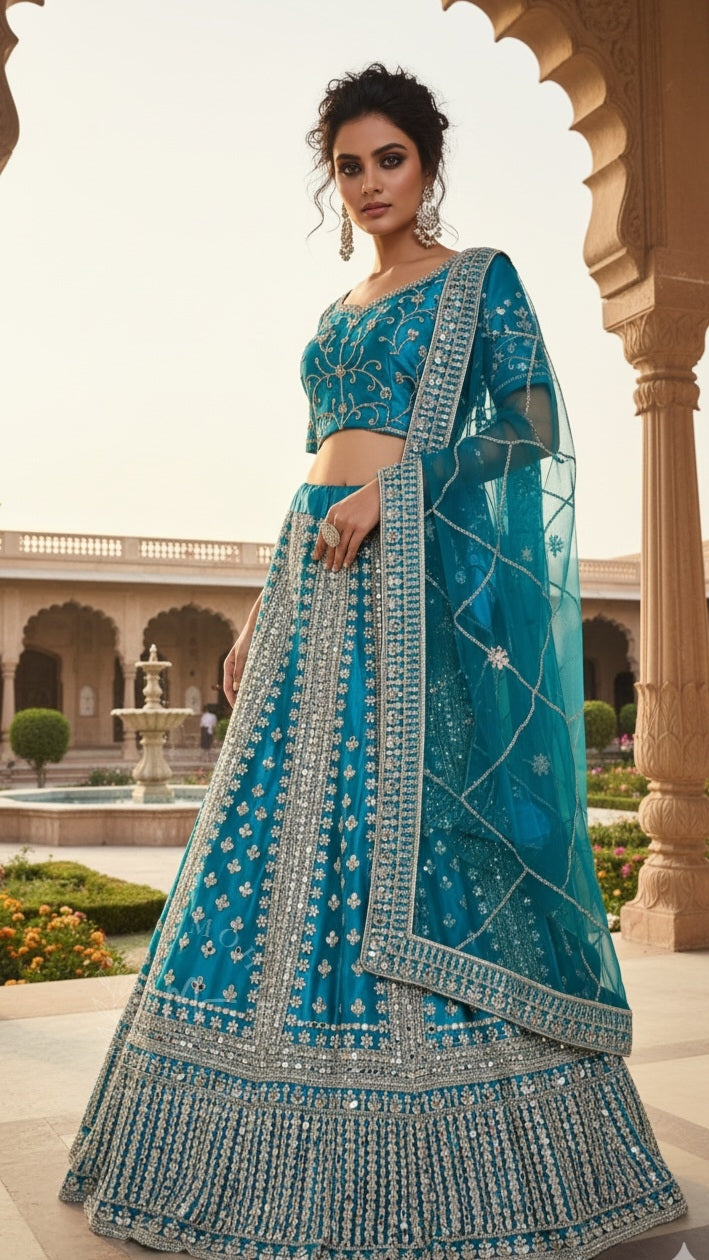 Turquoise Blue Bridal Lehenga with Silver Embroidery