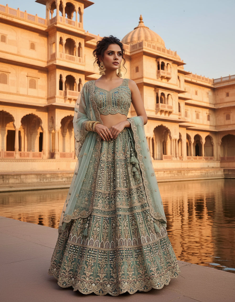 Teal Blue mirrorwork Engagement Lehenga