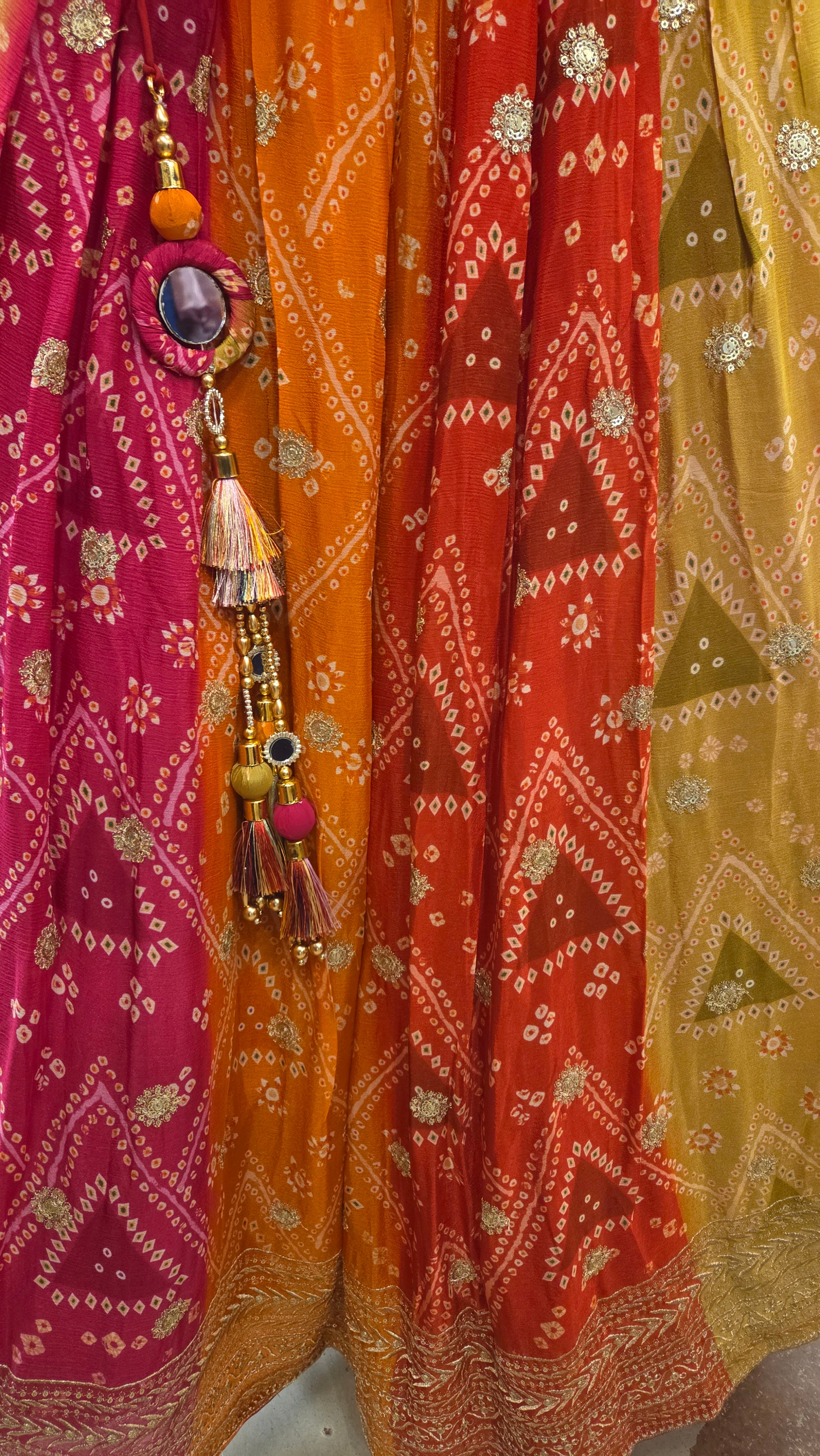 Bandhani Lehenga Set in Rani Pink & Mustard