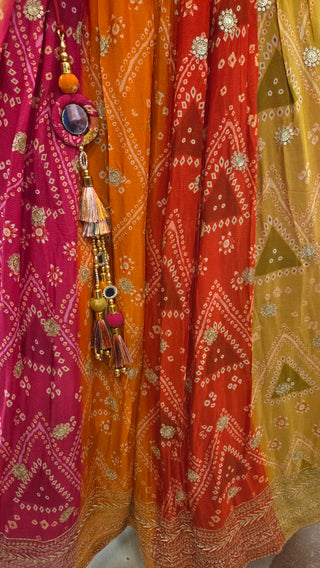 Bandhani Lehenga Set in Rani Pink & Mustard