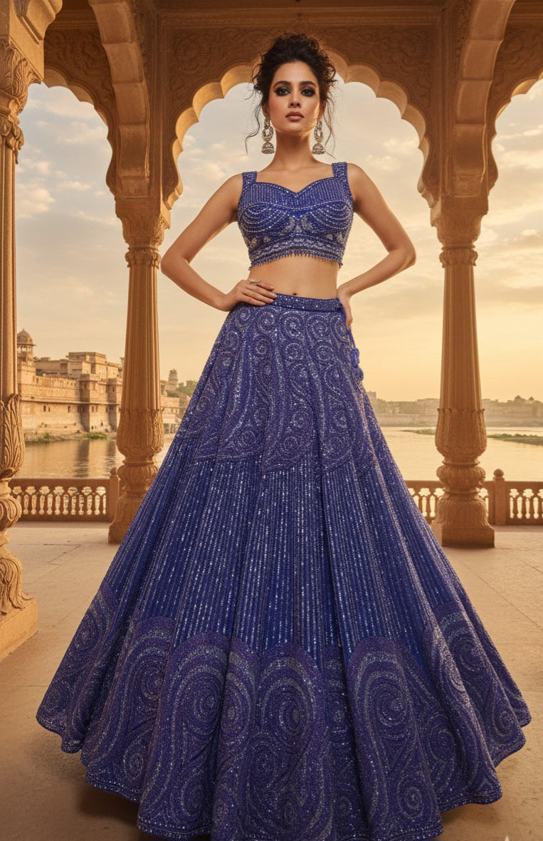 Ink blue wave reception lehenga