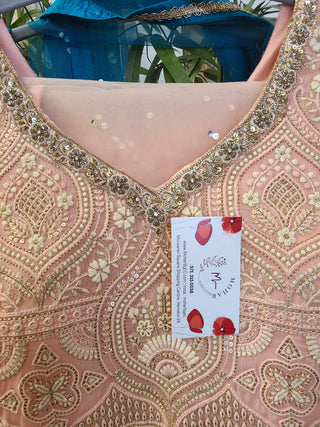 Peach Embroidered Anarkali Gown with Golden Zari Work & Dupatta