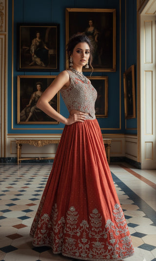 Burnt Orange Corsette Blouse Lehenga
