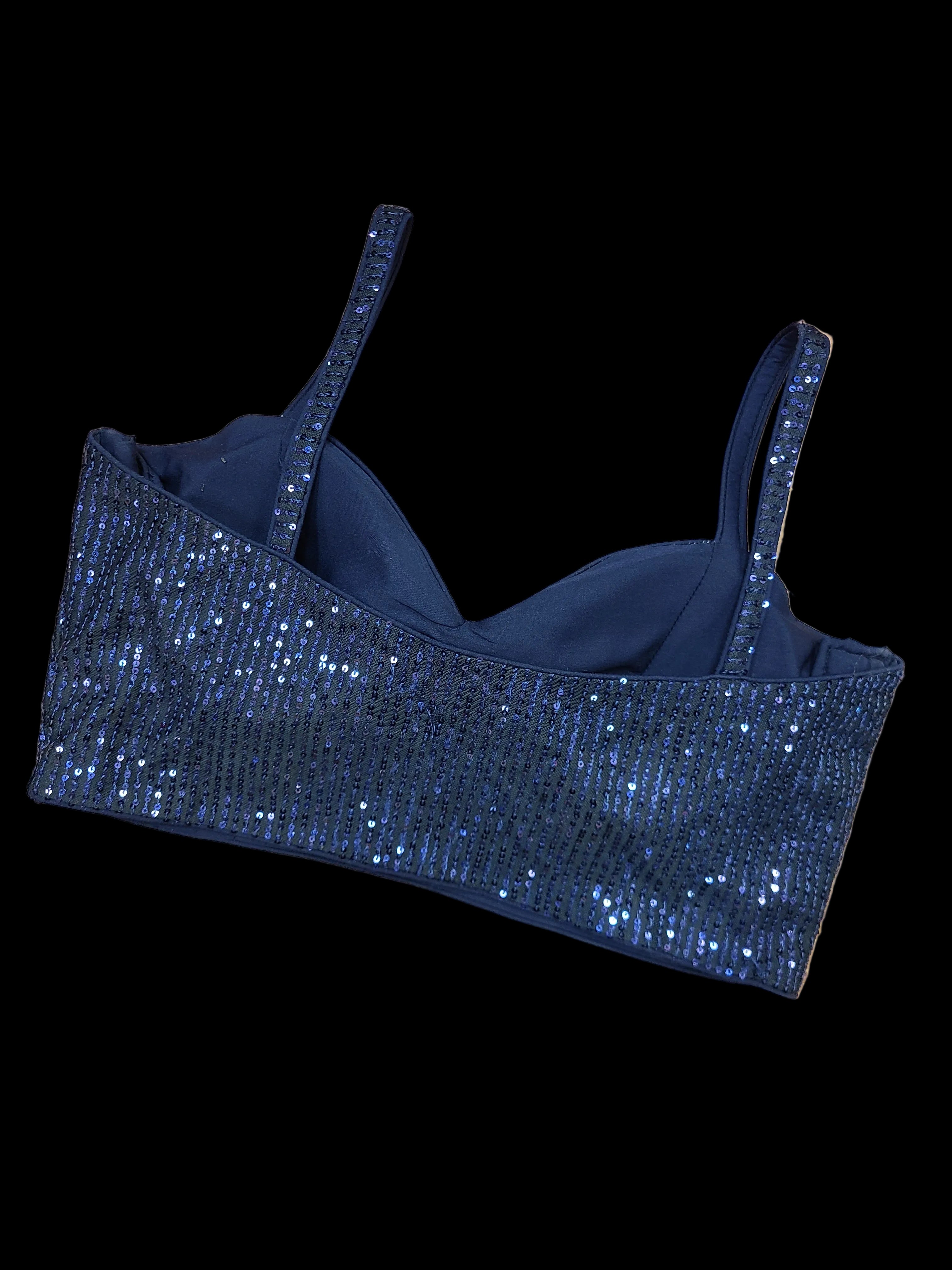 Midnight Navy Sequined Pre-Stitched Saree with Sweetheart Neckline