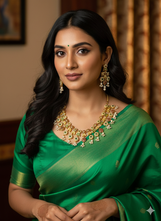Gold Jadau Pearl, Ruby, Emerald Necklace Set