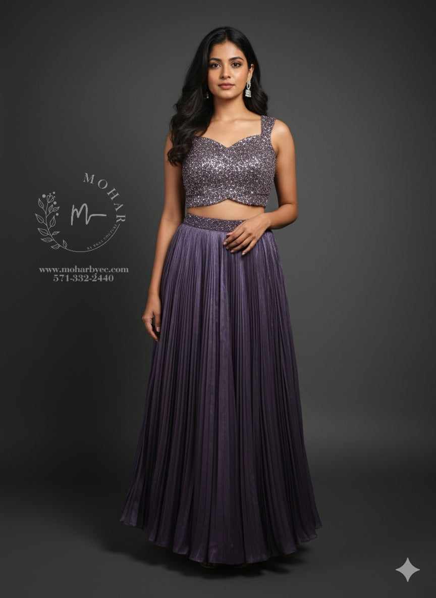 Purple Pleated Crop Top Lehenga
