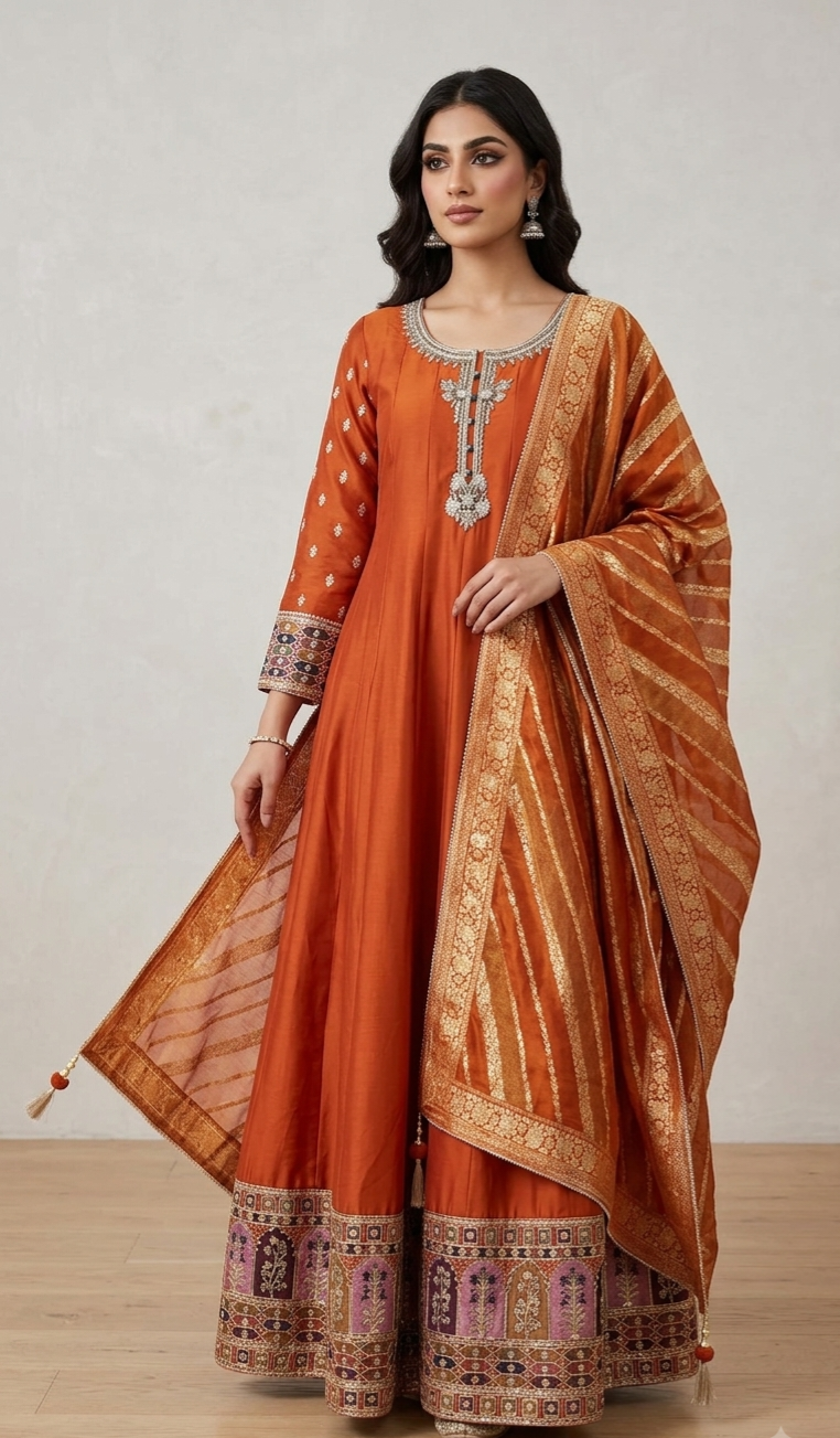 Embellished Orange Anarkali Set