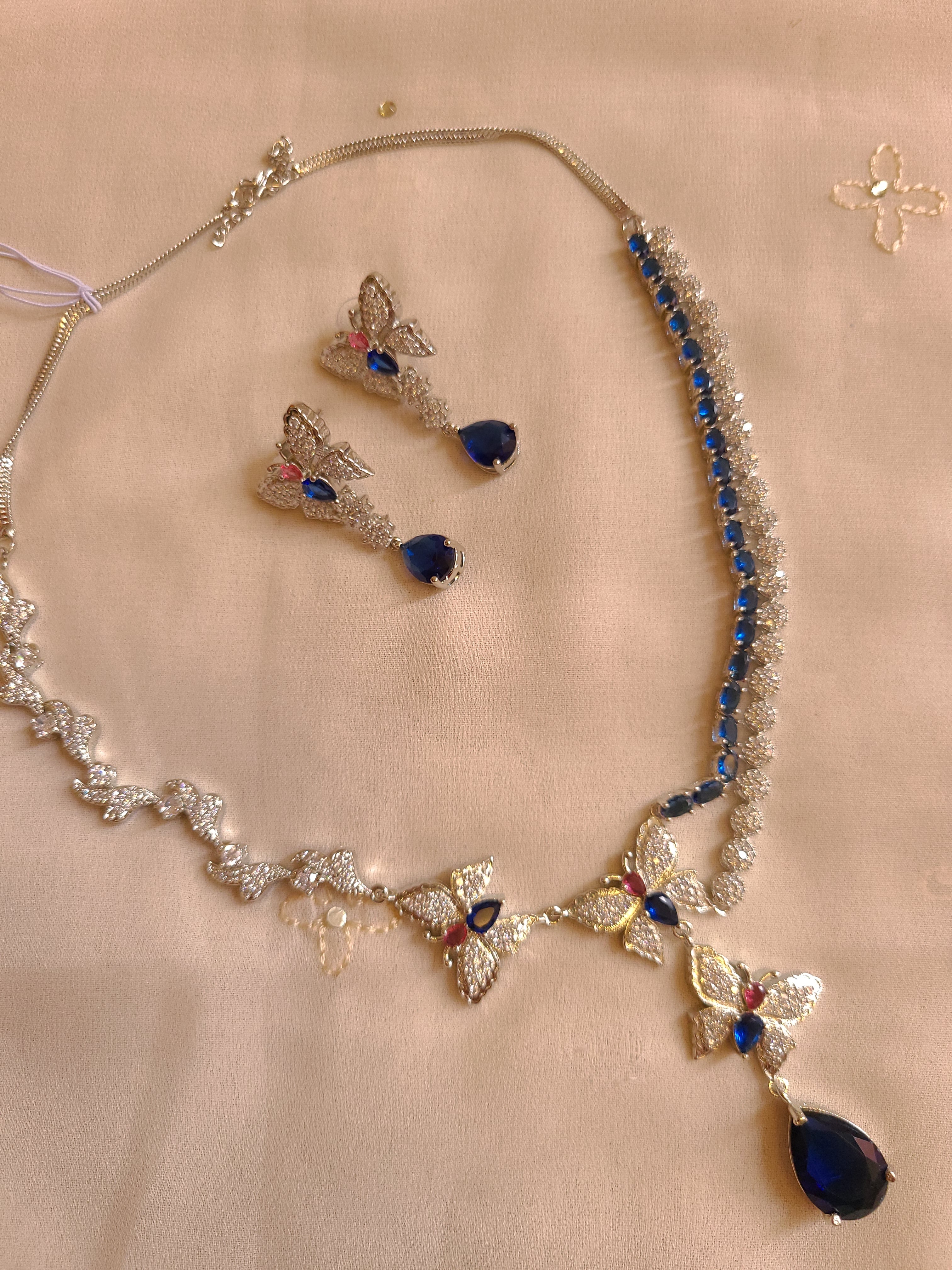 Royal Blue Butterfly AD Stone Necklace Set