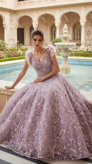 Lavender Embroidered Ball Gown with Floral Embellishments & Feather Details