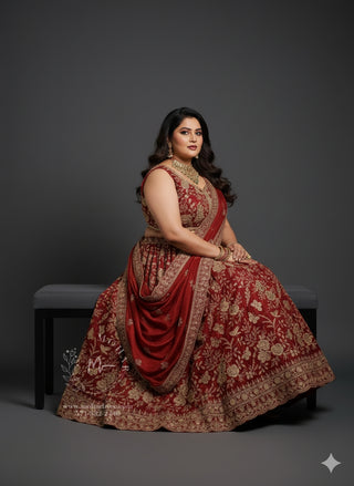 Deep Maroon Silk Thread Embroidered Lehenga Choli