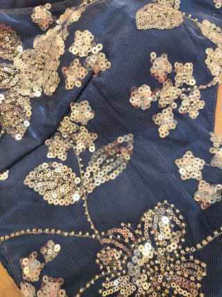 Navy Blue Embroidered Net Pre- Stitched Saree with Cut Out Blouse