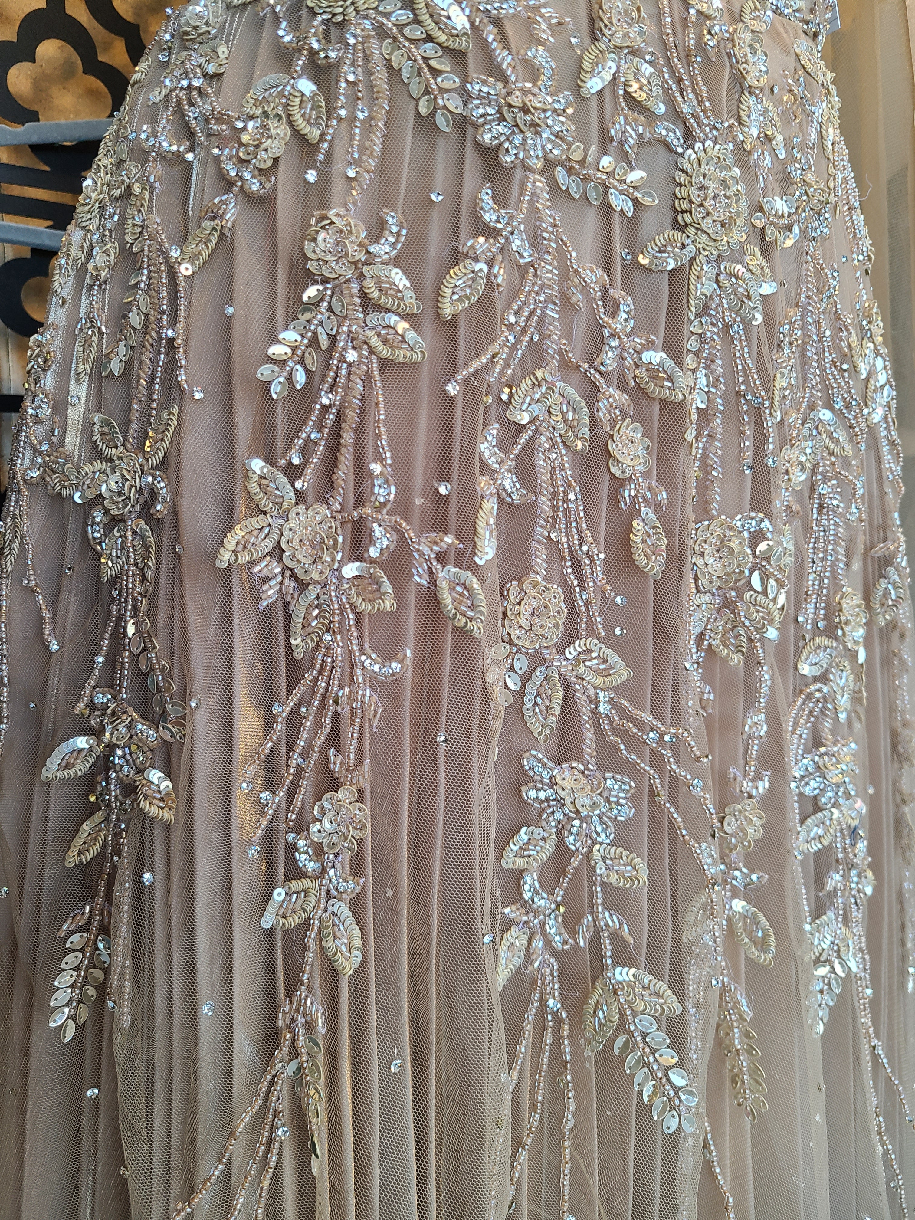 Champagne Embroidered Evening Gown with Silver Detailing