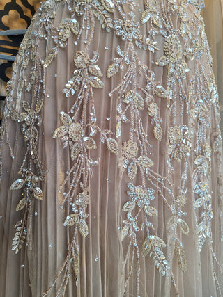 Champagne Embroidered Evening Gown with Silver Detailing