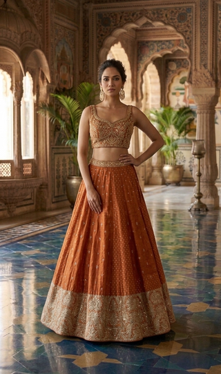 Orange Benarasi Silk Lehenga