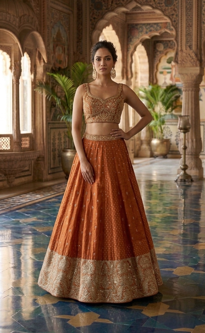 Orange Benarasi Silk Lehenga