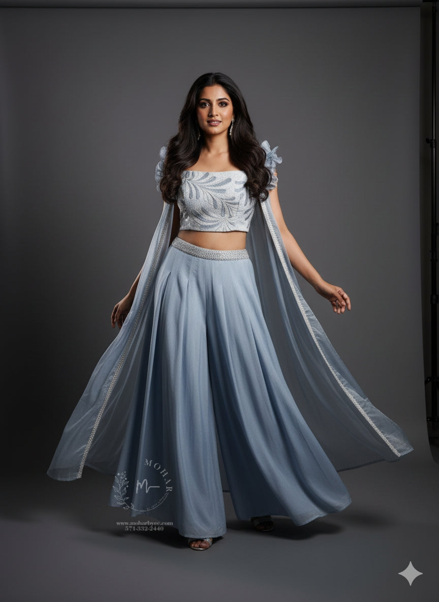Powder Blue Sharara Set with Bow Sleeves - Indo Western