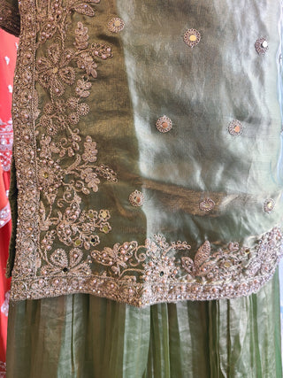 Olive Green Embroidered Sharara Suit Set