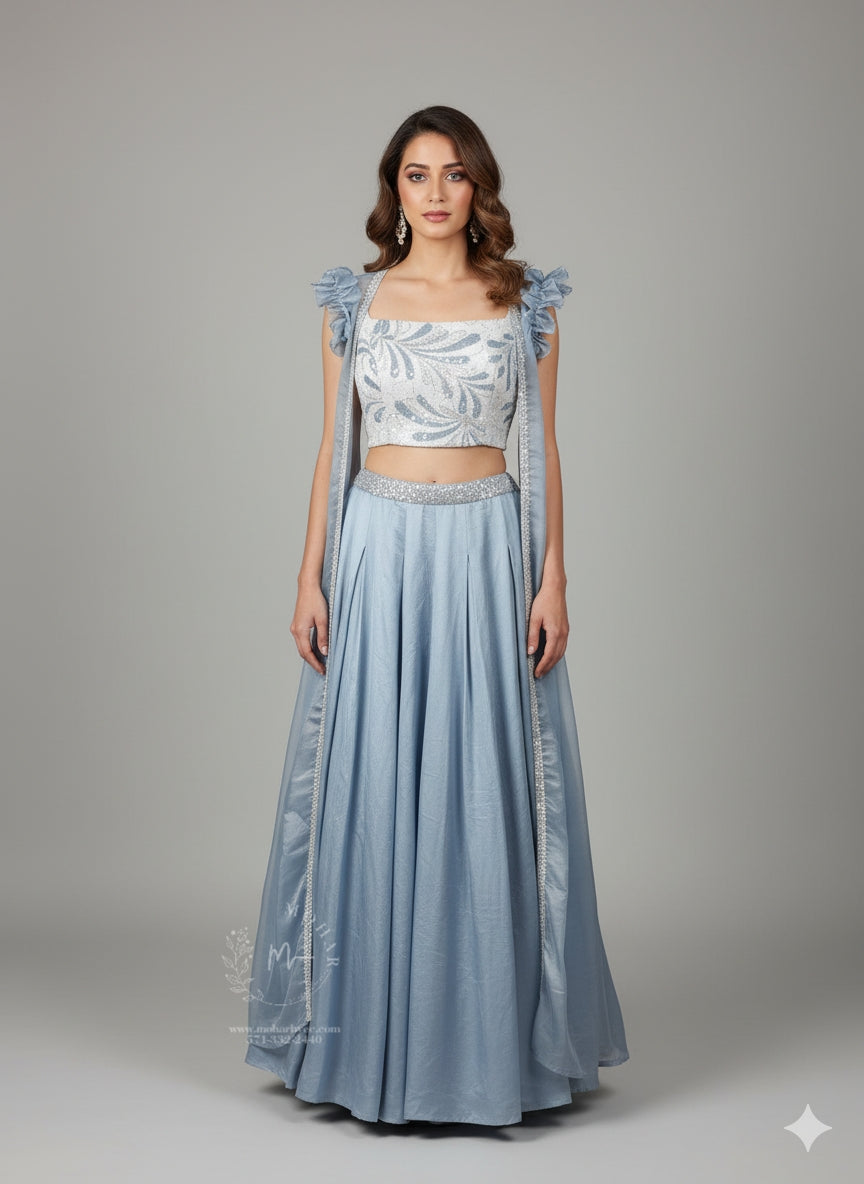 Powder Blue Sharara Set with Bow Sleeves - Indo Western