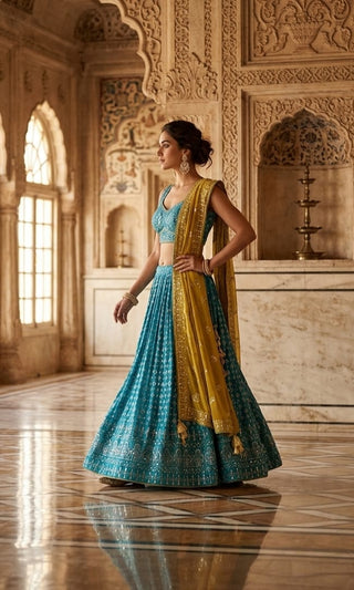 Teal Blue Lucknowi Chikankari Lehenga Set with Mustard Dupatta