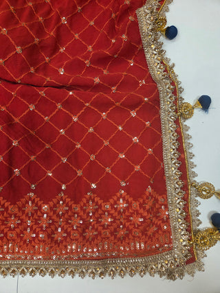 Navy Blue Floral Print Lehenga Set with Pink Halter Choli & Red Banarasi Dupatta