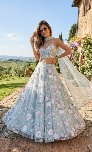 Powder Blue Floral Lehenga Set