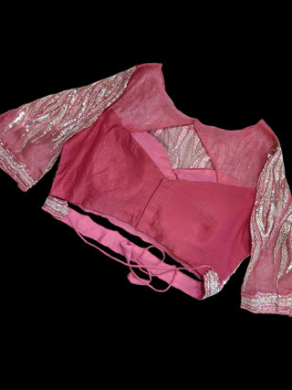 Rose Pink Embroidered Satin Pre-Stitched Saree