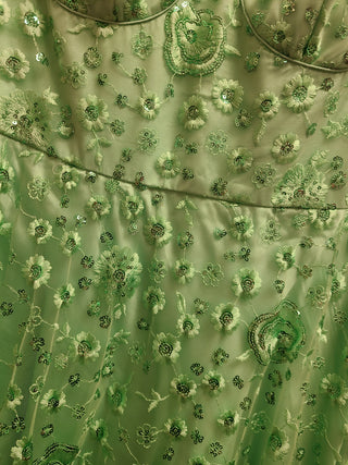 Mint Green Embroidered Ball Gown with Floral Embellishments & Feather Details