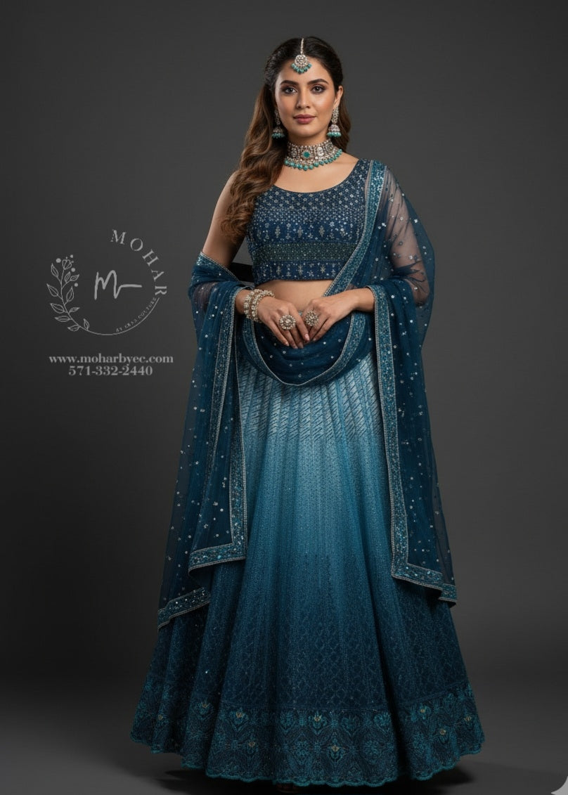 Stunning Navy Blue Embroidered Lehenga Choli Set