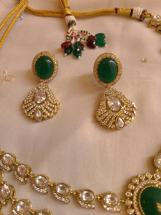 Luxury Bridal Polki Necklace Set with Emerald Stones