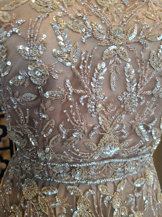 Champagne Embroidered Evening Gown with Silver Detailing