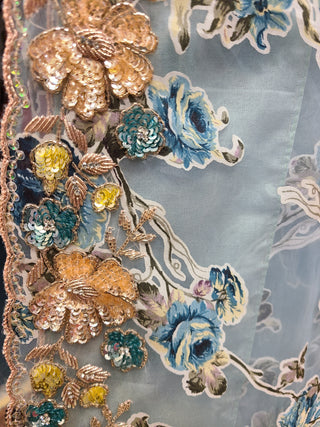 Powder Blue Sequin Embroidered Net Saree