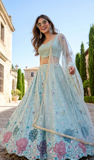 Powder Blue Lotus Lehenga Set